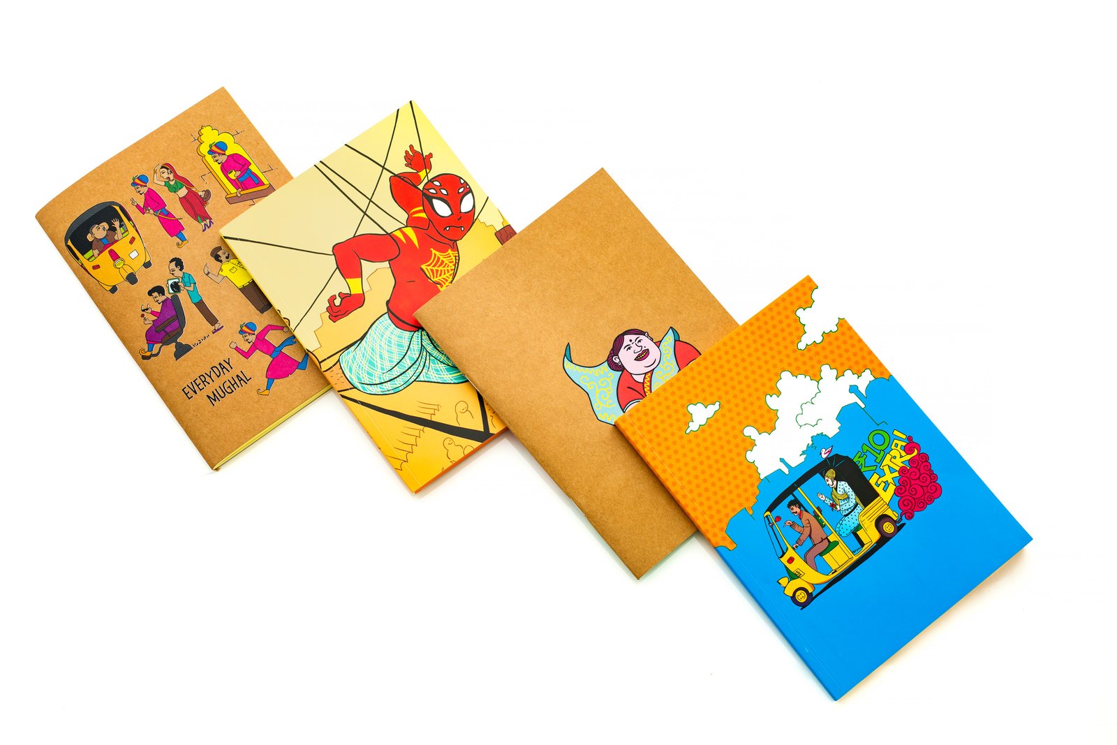 The four MonkeyJi notebooks fanned out: Everyday Mughal, Sidey Spidey, Marilyn Aunty and Rs. 10 Extra
